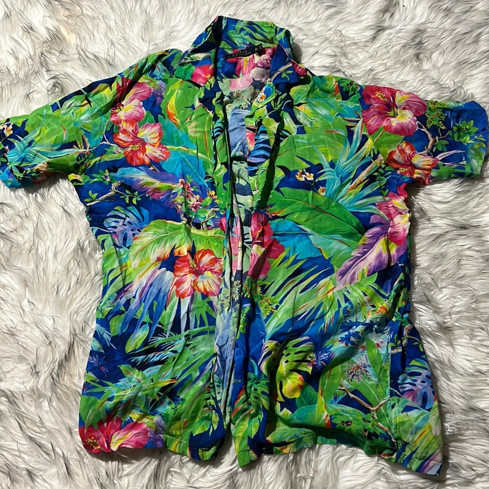 Polo Ralph Lauren Men Size M Green Floral Short Sleeve Button Down Viscose